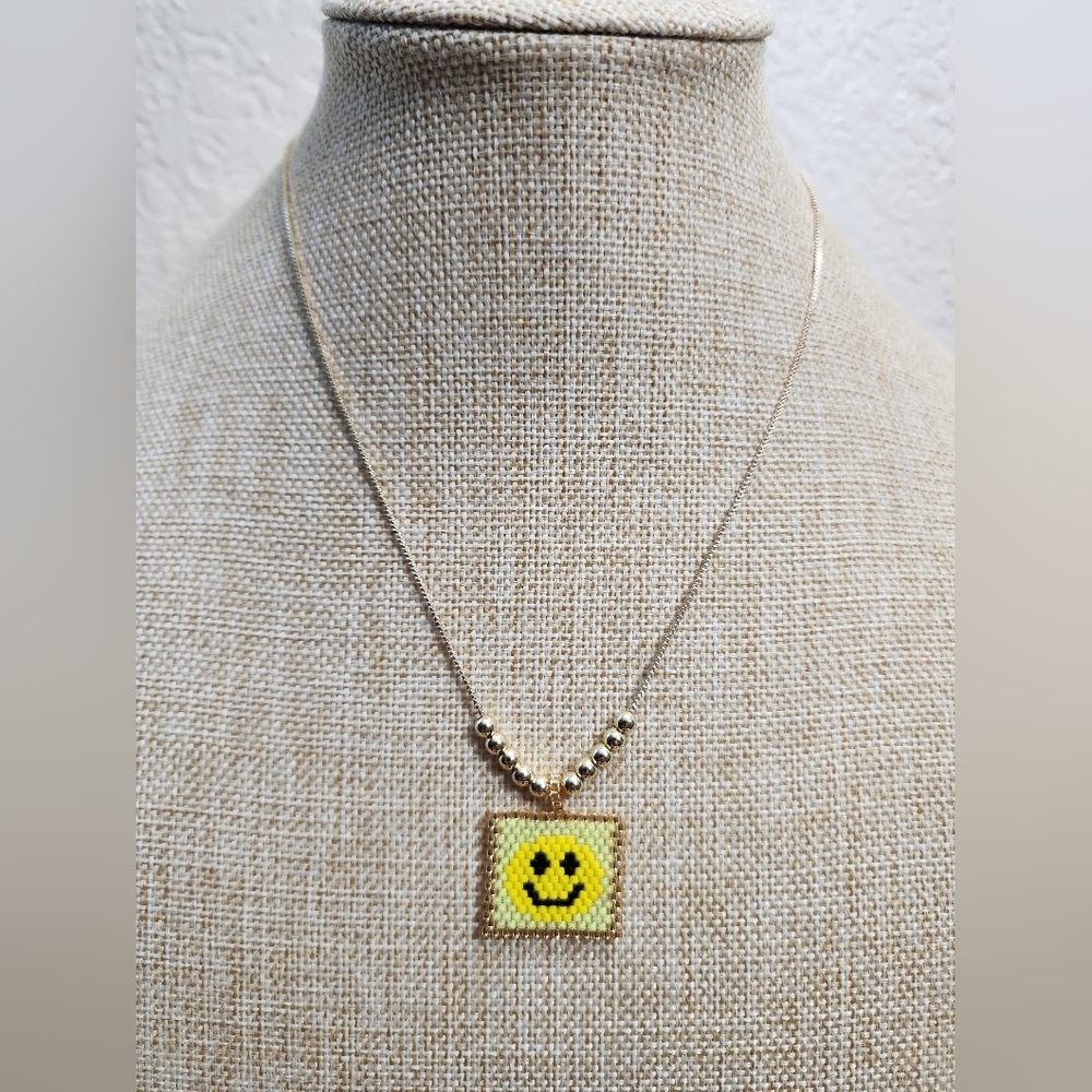 Smiley Face Pendant Necklace Gold Plated Miyuki Style Bead